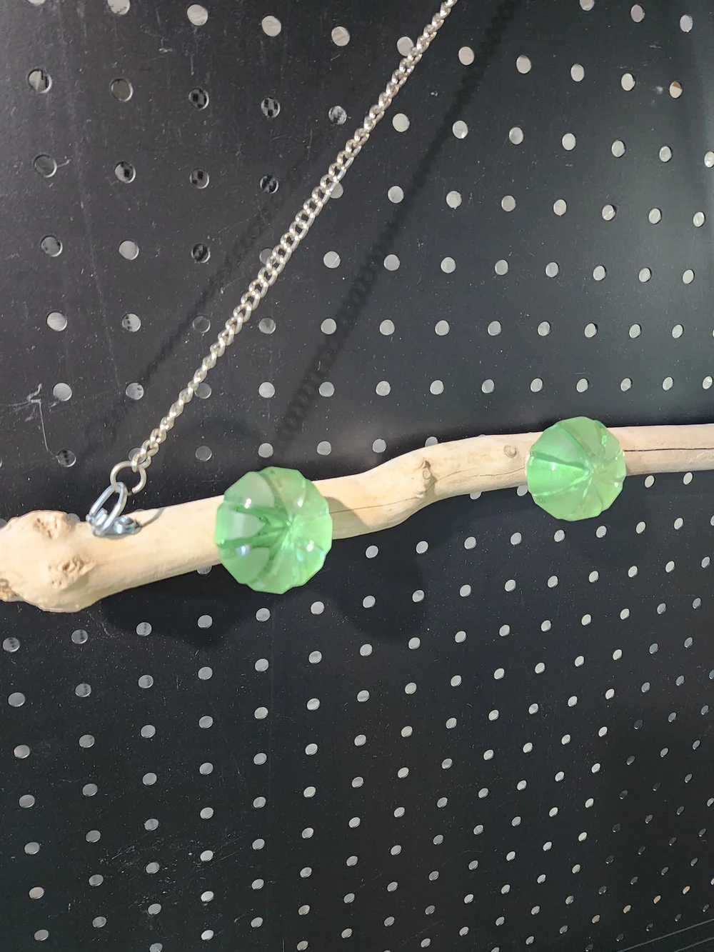 Driftwood Hanging Display with Three Green Glass Accents